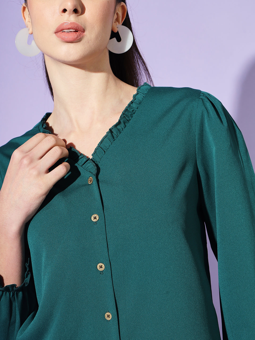 Women Teal Solid Puff Sleeves Shirt Style Top