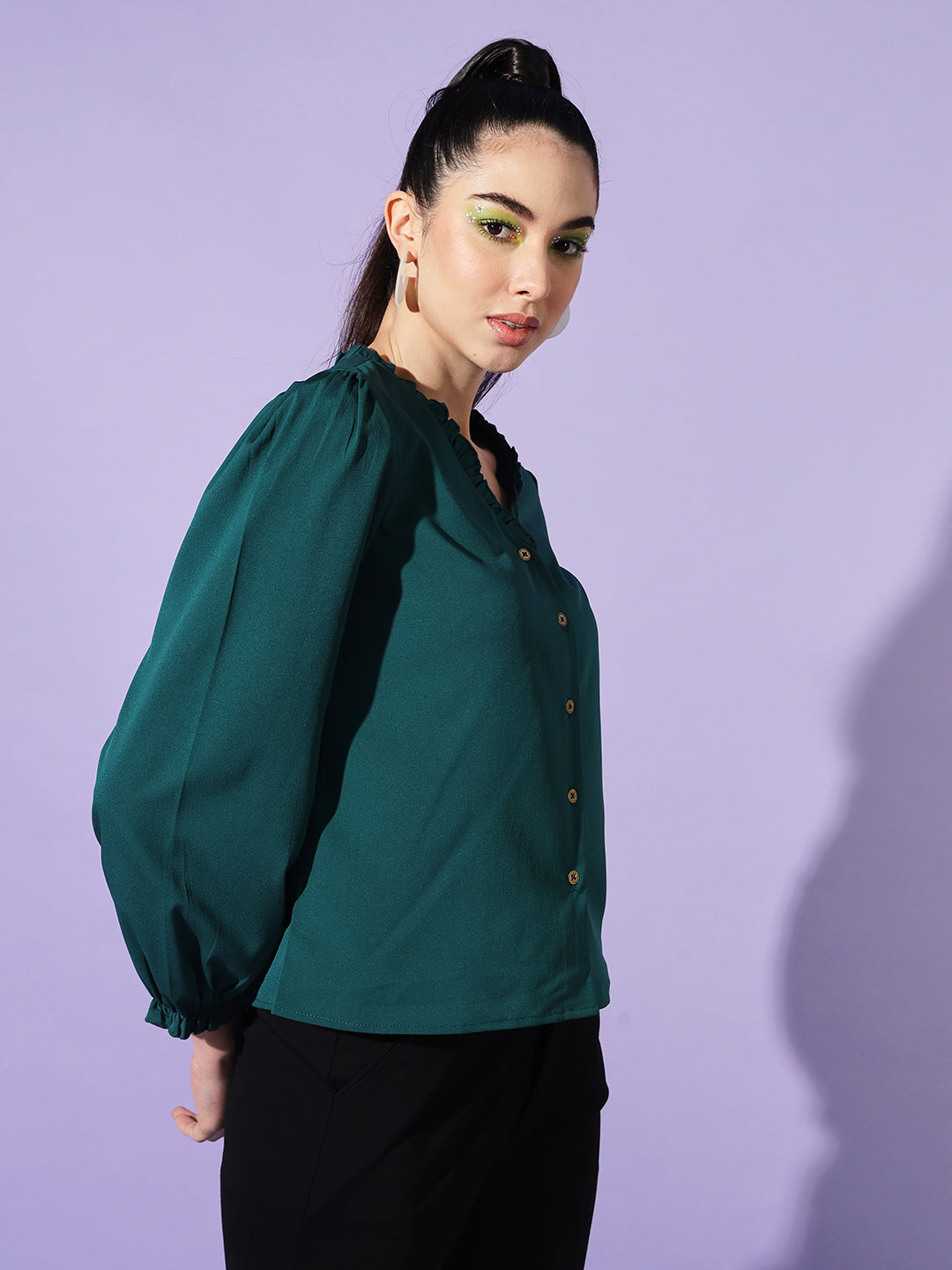 Women Teal Solid Puff Sleeves Shirt Style Top