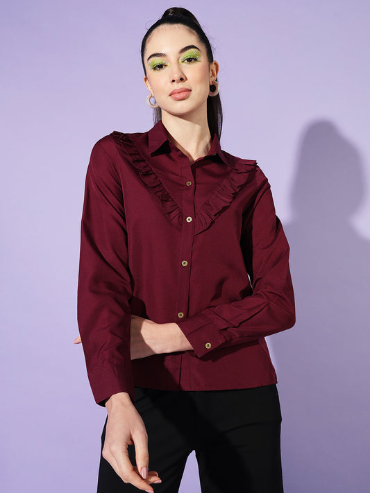Women Purple Spread Collar Ruffles Casual Shirt