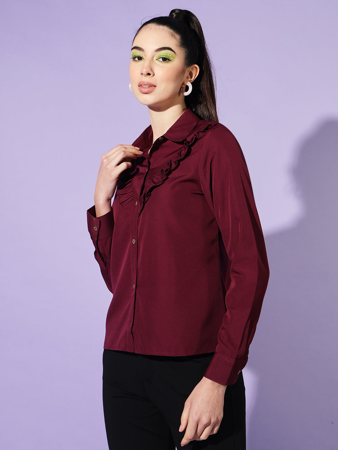 Women Purple Spread Collar Ruffles Casual Shirt