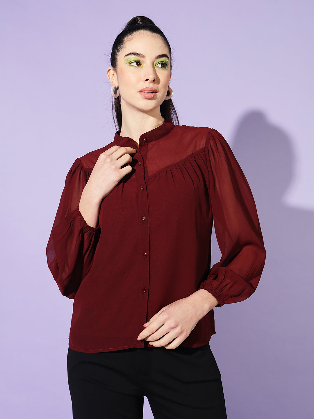 Women Maroon Solid Mandarin Collar Shirt Style Top