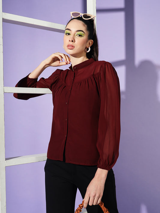 Women Maroon Solid Mandarin Collar Shirt Style Top