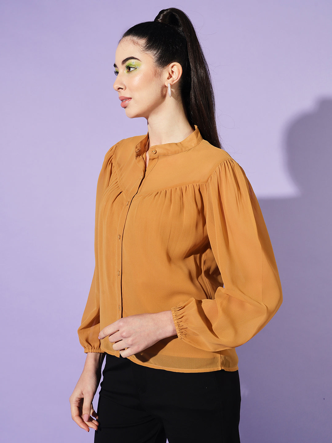 Women Yellow Solid Mandarin Collar Shirt Style Top