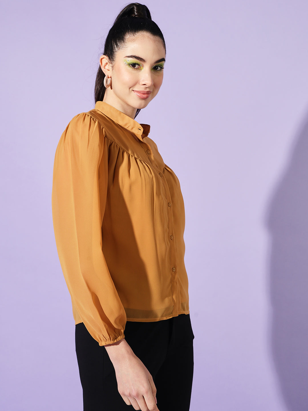 Women Yellow Solid Mandarin Collar Shirt Style Top