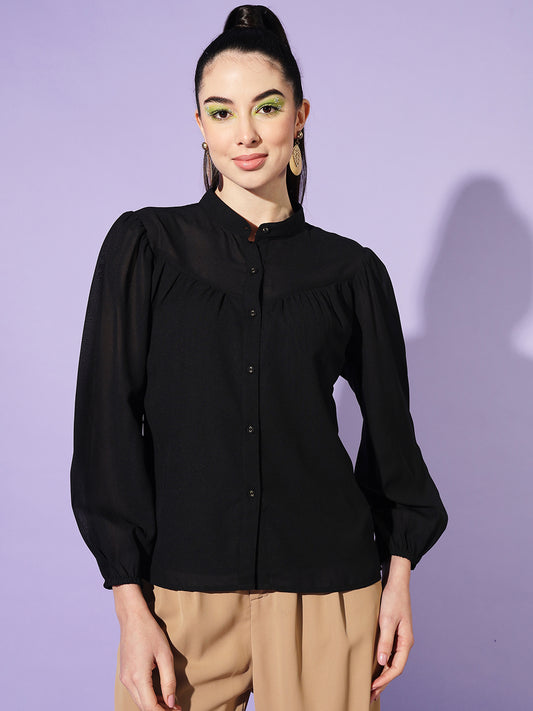 Women Black Solid Mandarin Collar Shirt Style Top