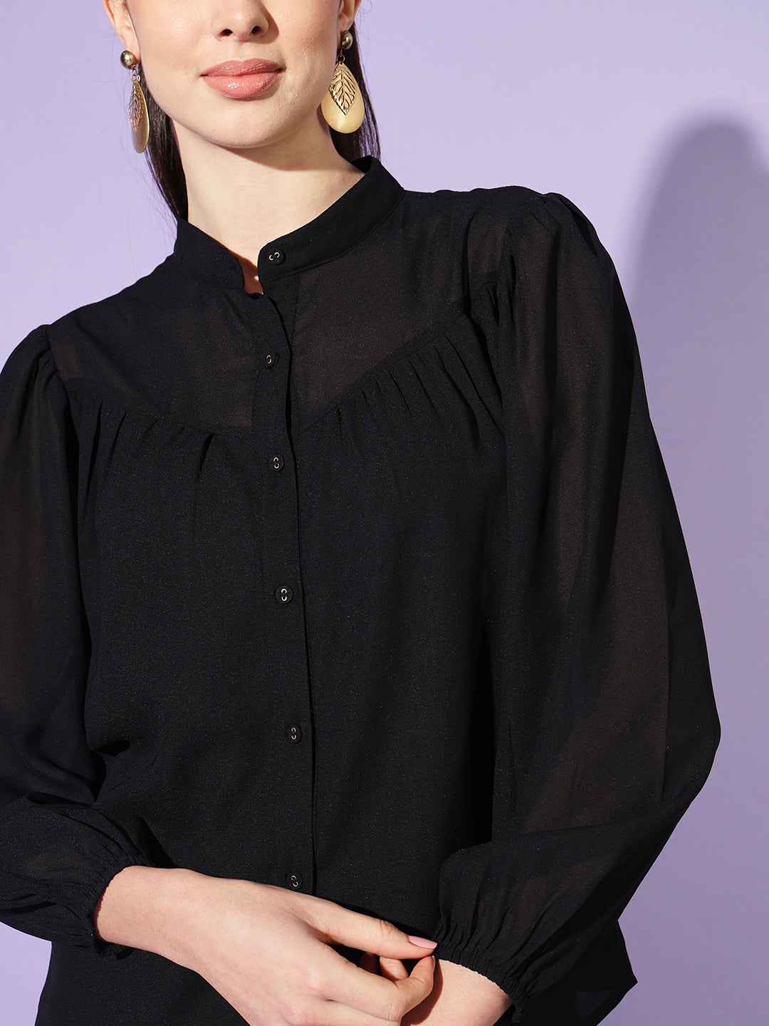 Women Black Solid Mandarin Collar Shirt Style Top