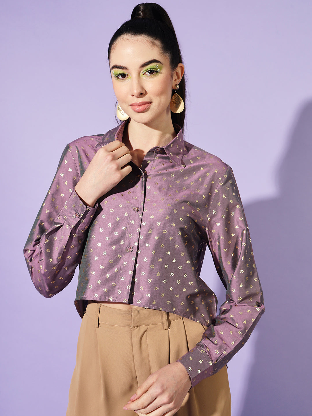 Women Printed Spread Collar Georgette Crop Casual Shirt
