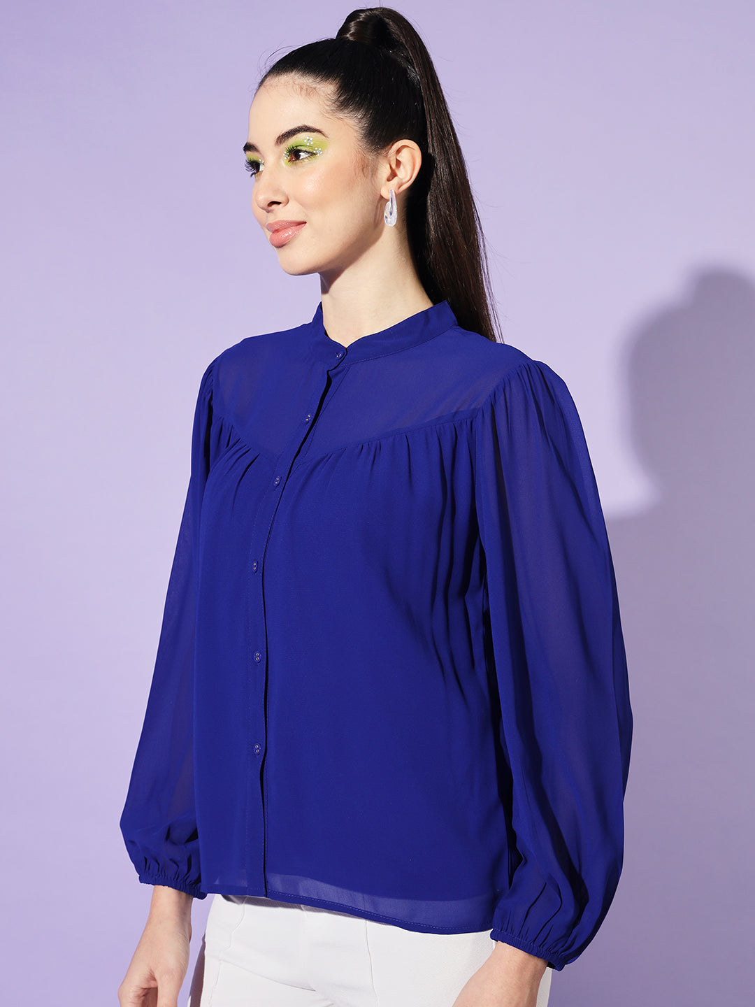 Women Blue Solid Mandarin Collar Shirt Style Top