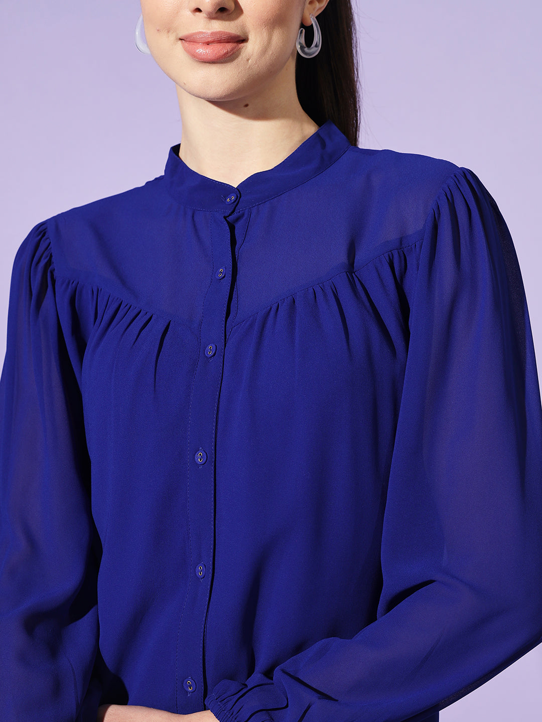 Women Blue Solid Mandarin Collar Shirt Style Top