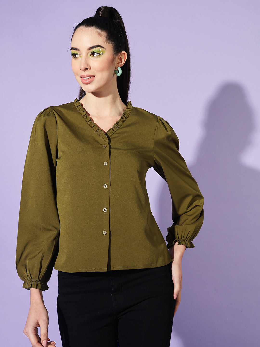 Women Olive Solid Puff Sleeves Shirt Style Top
