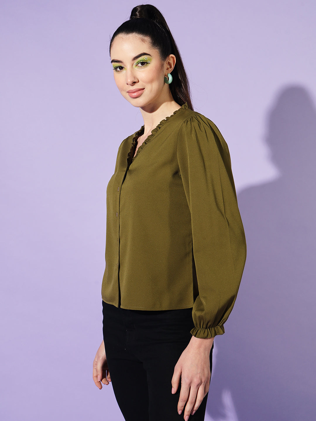 Women Olive Solid Puff Sleeves Shirt Style Top
