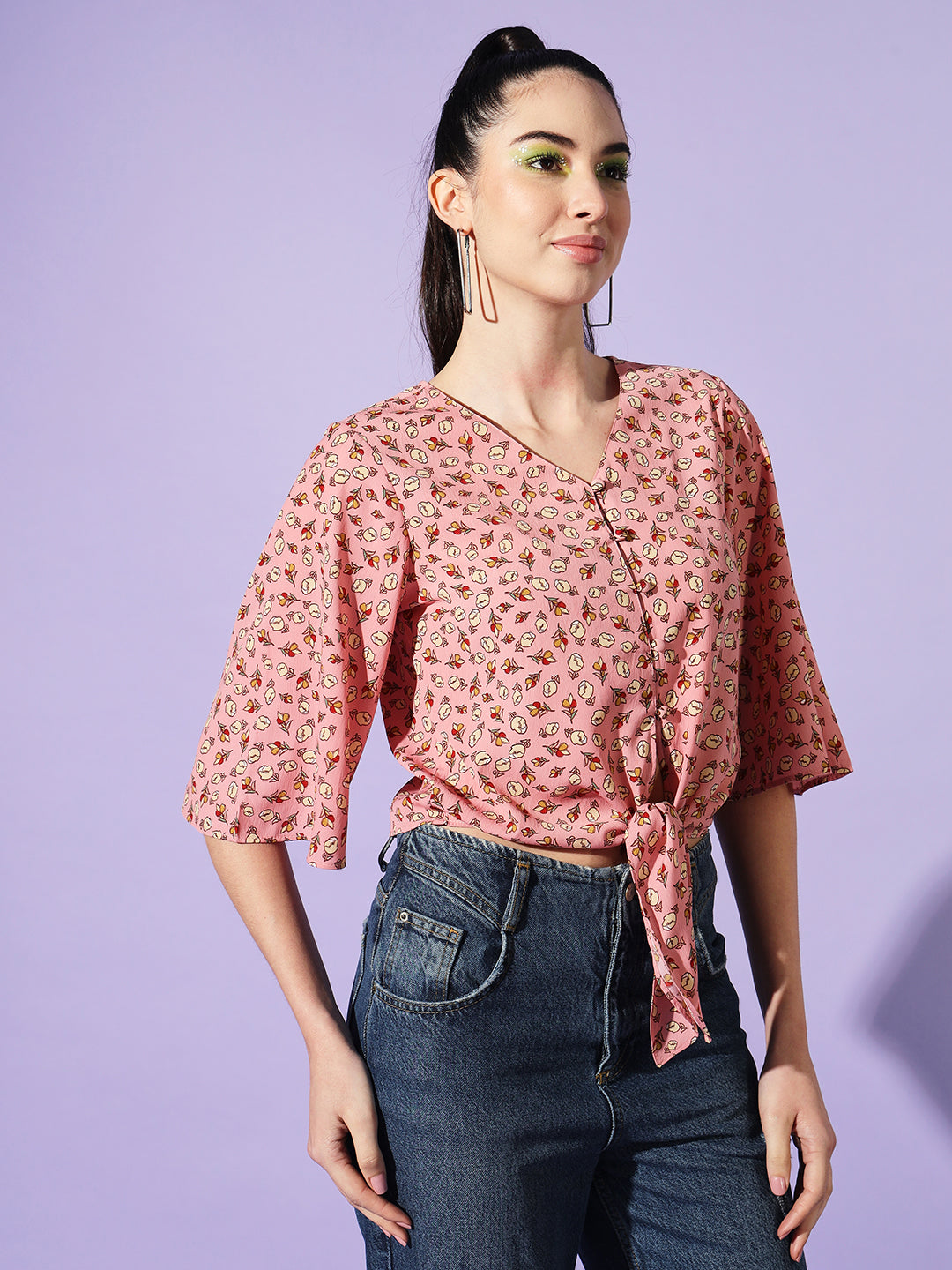 Women Peach V-Neck Flared Sleeves Floral Print Crepe Wrap Top