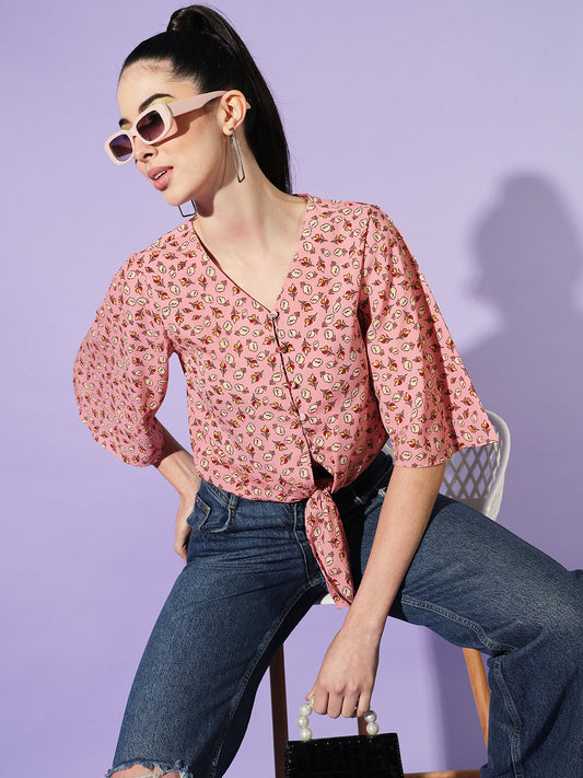 Women Peach V-Neck Flared Sleeves Floral Print Crepe Wrap Top