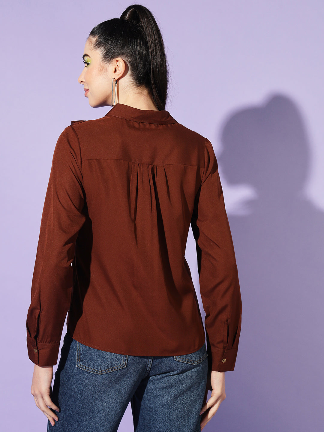 Women Brown Spread Collar Ruffles Casual Shirt