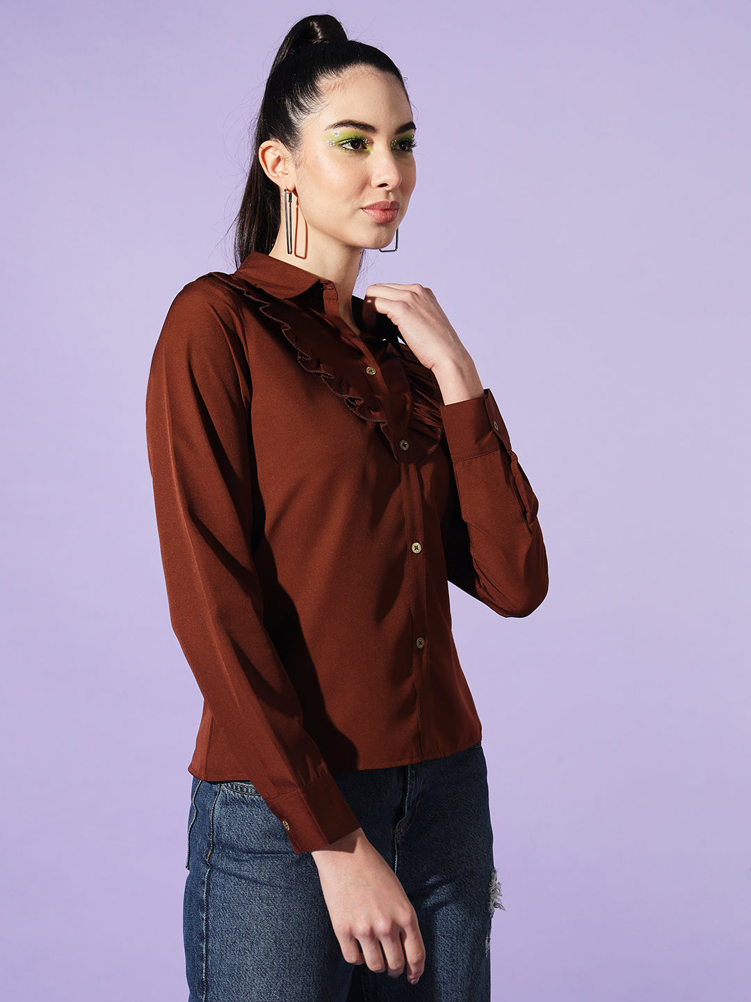 Women Brown Spread Collar Ruffles Casual Shirt