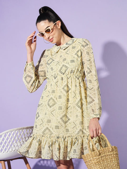 Geometric Printed Shirt Collar Gathered or Pleated Georgette Fit & Flare Dress