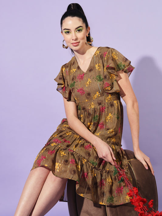 Floral Print V-Neck Flutter Sleeve Layered Georgette Fit & Flare Dress