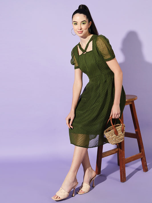 Self Design Puff Sleeve Georgette Pleated Fit & Flare Dress
