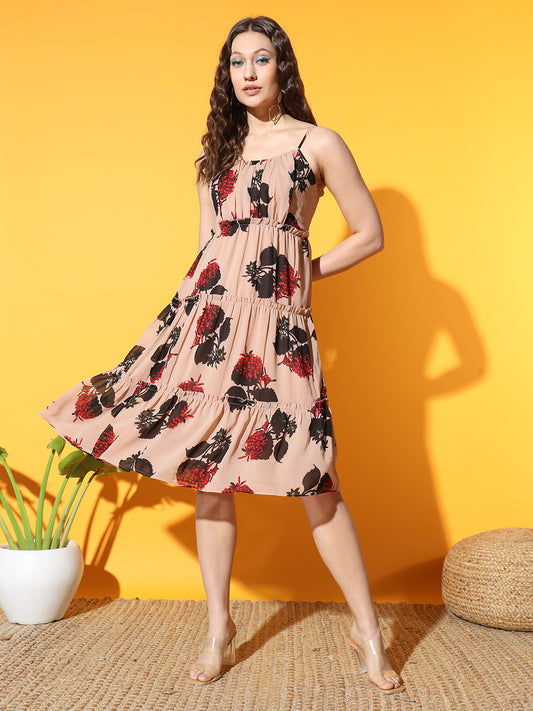 Floral Print Shoulder Strap Georgette Fit & Flare Dress