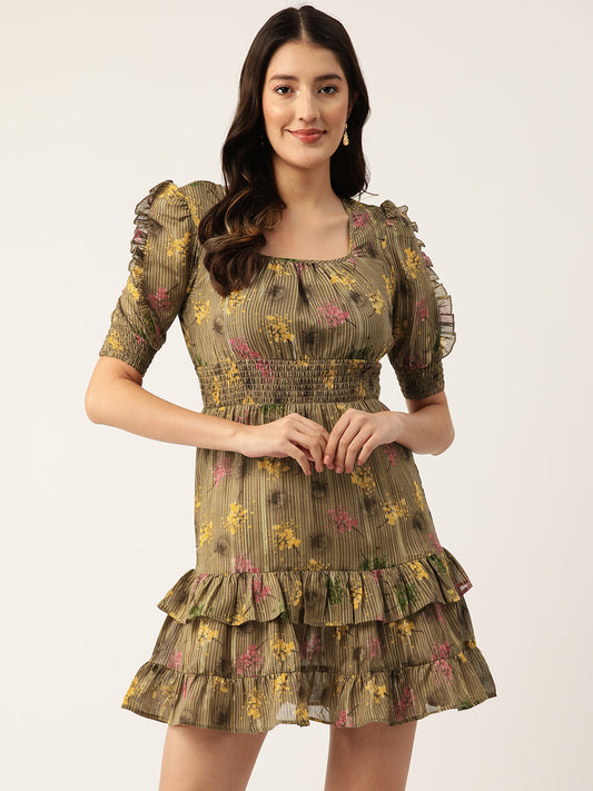 Floral Print Puff Sleeve Georgette Tiered Empire style Sheath Mini Dress