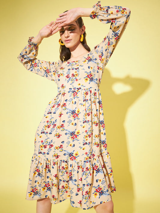 Women Floral Print Puff Sleeve Crepe A-Line Midi Dress