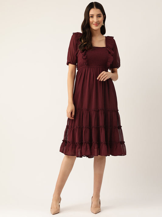 Maroon Puff Sleeve Georgette Tiered Smocked Empire Dress