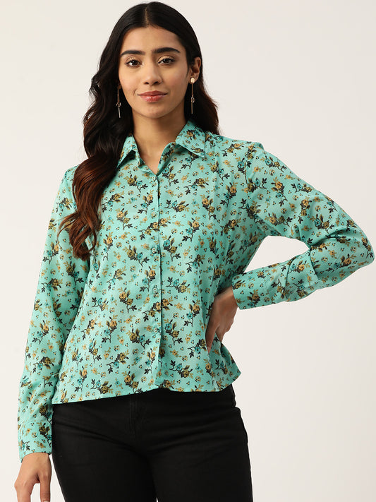 Women Floral Sky Blue Opaque Printed Casual Shirt