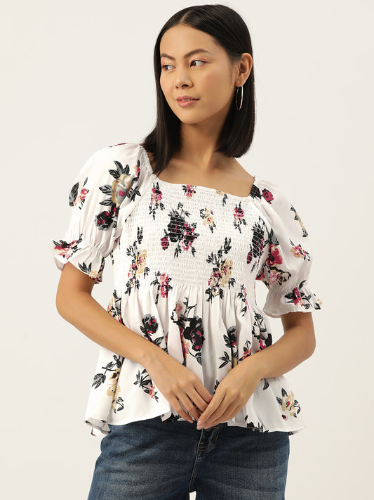 Floral Print Puff Sleeve Smocked Crepe Empire Top
