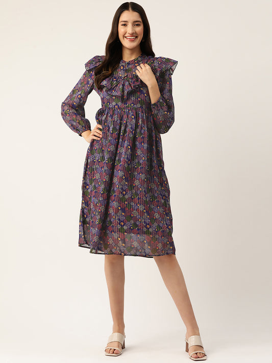 Floral Print Puff Sleeve Ruffled Georgette A-Line Dress
