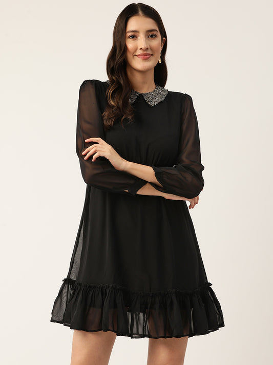 Embellished Shirt Collar Bishop Sleeve Georgette Tiered Empire Mini Party Dress