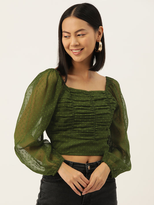 Self Design Puff Sleeve Olive-Green Smocked Georgette Top