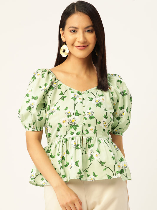 Casual Puff Sleeves Floral Print Women Green Top