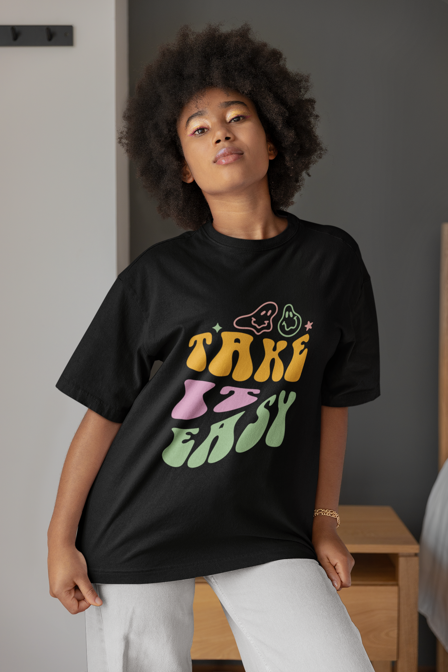 Women Black Graphic Printed Pure Cotton Drop Shoulder Long T-shirt
