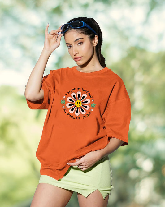Women's Orange Rounded Typography & Graphic Printed Cotton Oversized Long T-Shirt