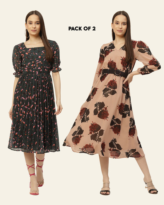 Multicoloured Accordion Pleats & Floral Print A-Line Dress (Pack Of 2)