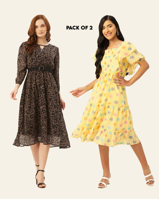 Women Brown & Yellow Floral Print Georgette A-Line Dress (Pack Of 2)