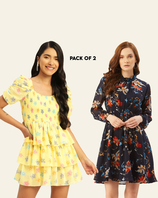 Women Sweetheart Neck &  Navy Blue Floral Print A-Line Dress (Pack Of 2)