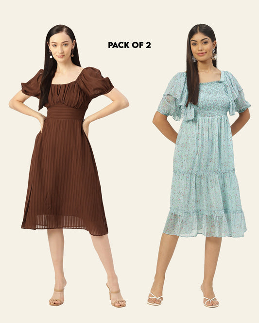 Women  Brown Smocked & Floral Georgette A-Line Midi Dress (Pack Of 2)