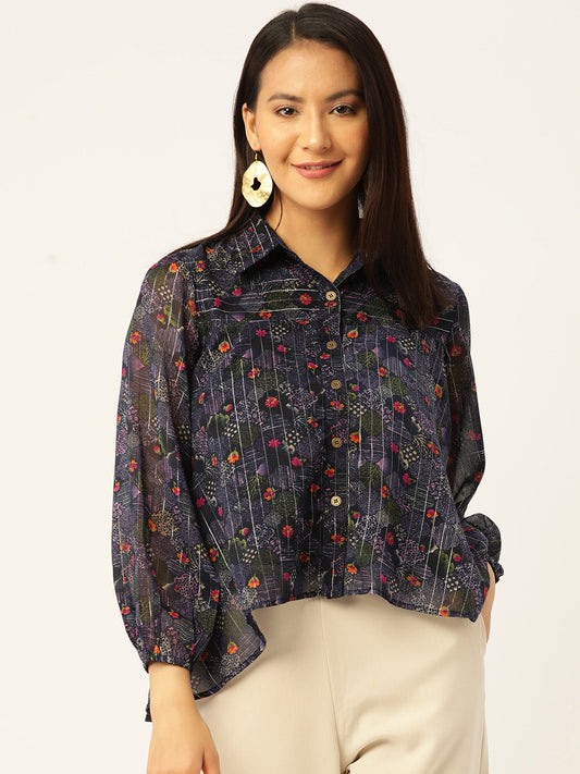 Women Floral Printed Puff Sleeves Semi Sheer Shirt