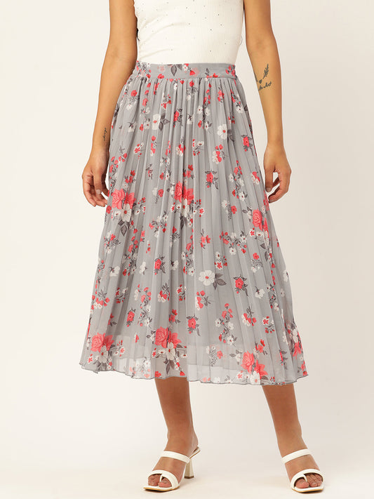 Floral Printed Accordion Pleated Midi Skirt