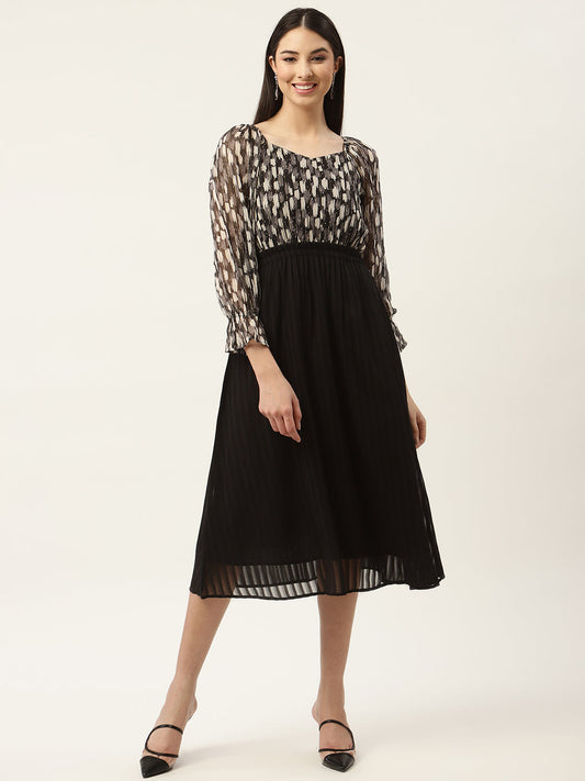 Black & Grey Georgette A-Line Midi Dress