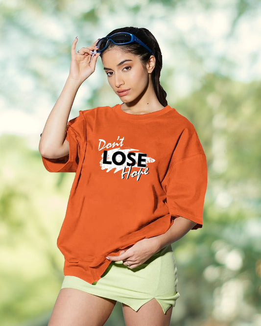 Women's Orange Typography Printed Cotton Drop Shoulder Long T-Shirt