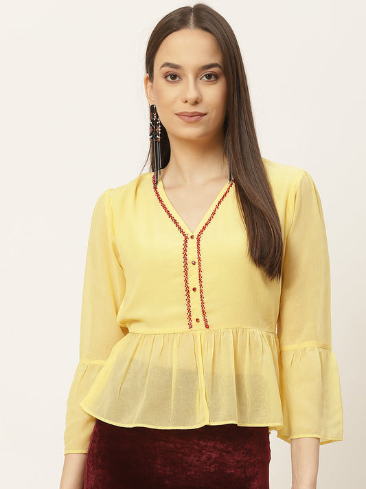 Casual Regular Sleeves Embellished Women Yellow Top