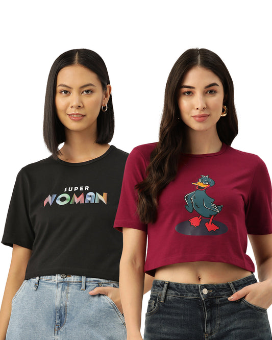Women Black  & Maroon Combo Graphic Printed Pure Cotton Crop T-shirt (Pack Of 2)