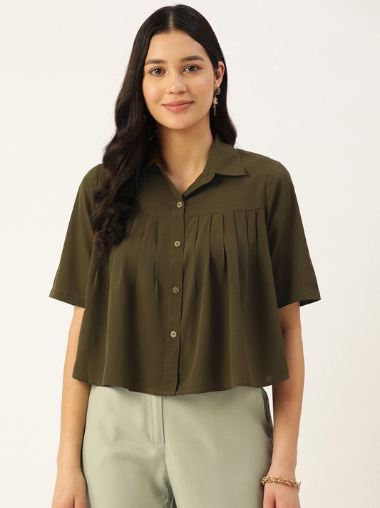 Women Solid Olive Green Casual Shirt