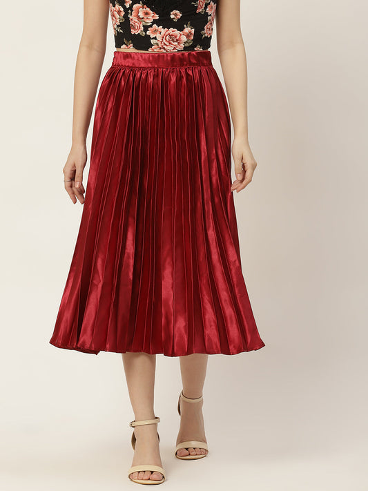 Women Solid Red Pleated Skirt