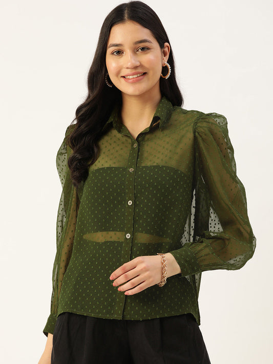 Olive Green Sheer Georgette Party Shirt