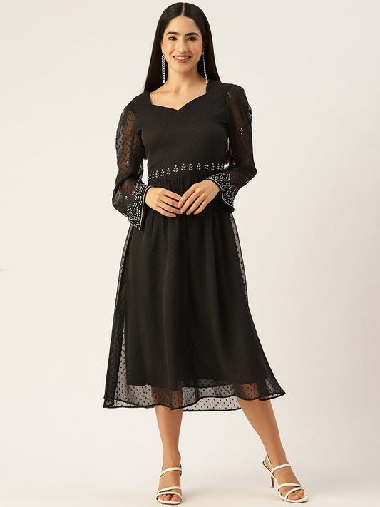 Black Floral Embroidered Georgette A-Line Midi Dress