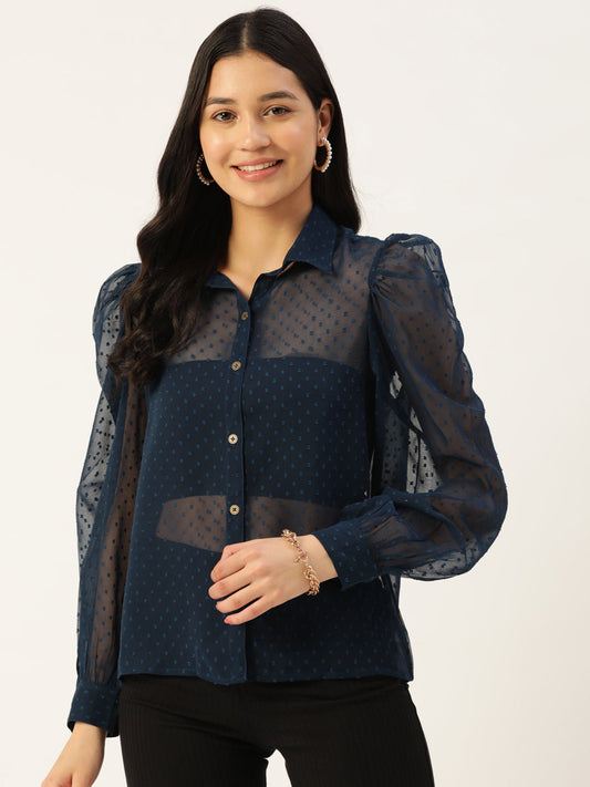 Blue Sheer Georgette Party Shirt