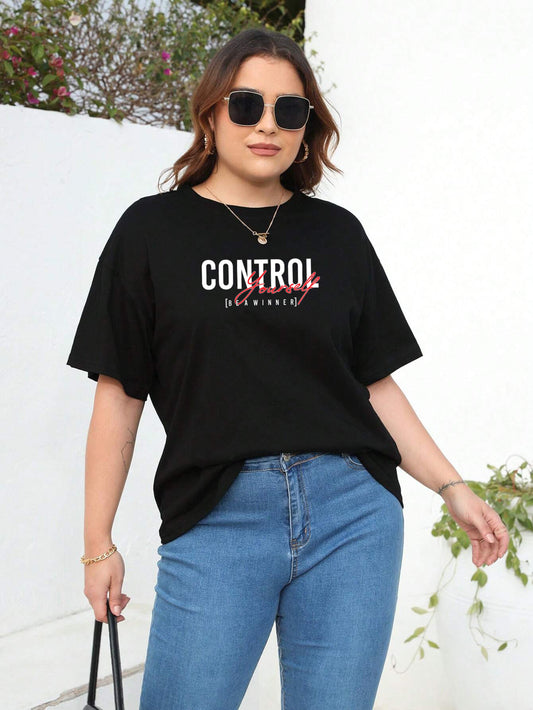 Women's Black CONTORL YOURSELF Printed Cotton Drop Shoulder Long T-Shirt